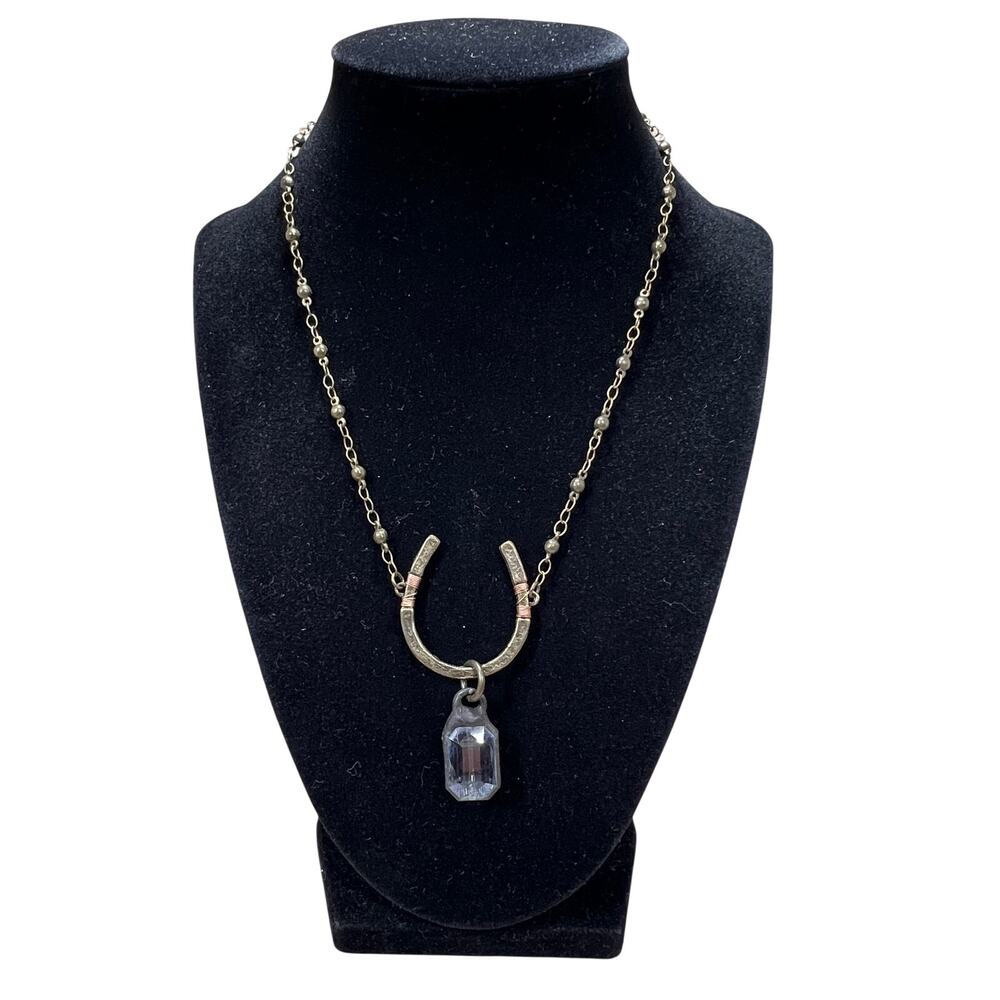 Horseshoe Pendant Necklace Clear Crystal Antique Gold Tone Western Cowgirl